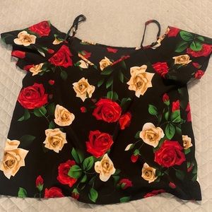 2XL, Black with rose print, strappy/off the shoulder, v-neck blouse, gently used